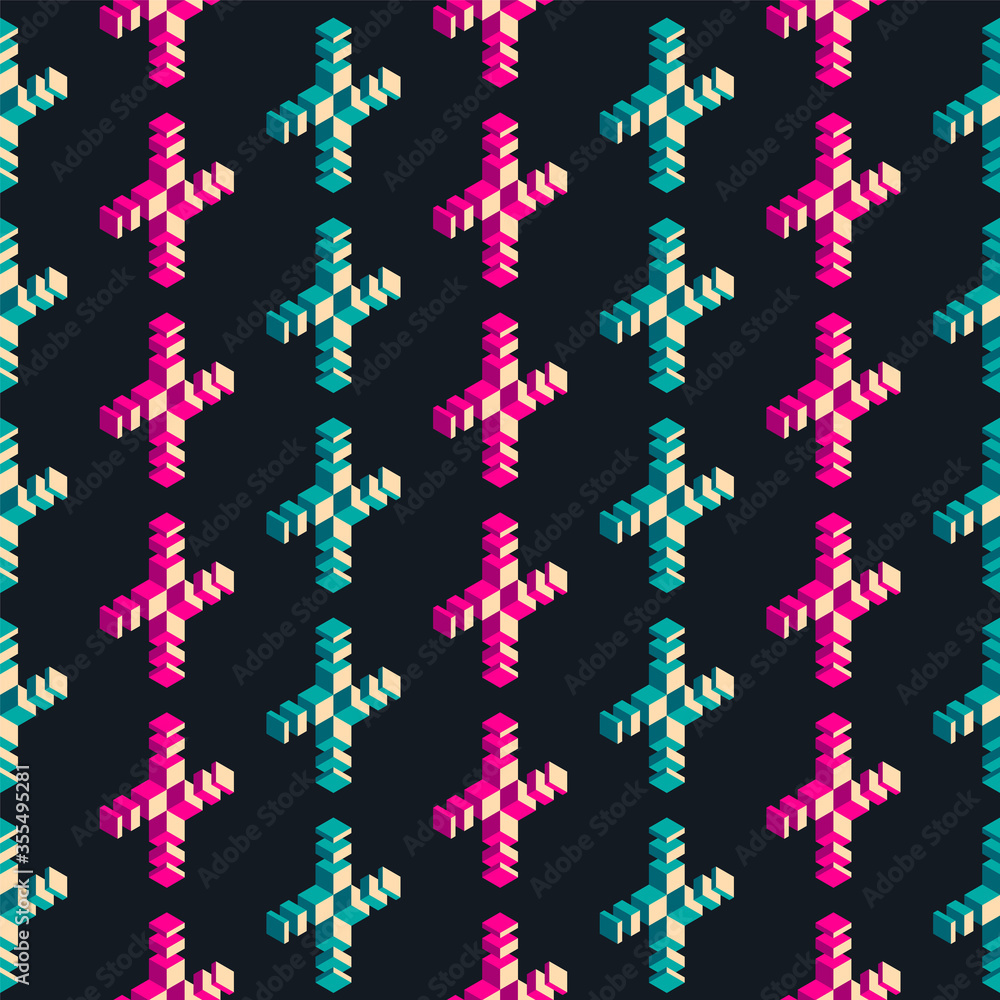 Poster seamless pattern design, made of simple isometric objects in pink and blue color. vector illustratio