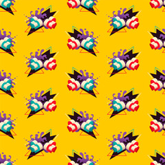 Obraz premium Seamless pattern design in color, made of isometric hearts and abstract shapes. Vector illustration.