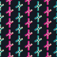 Seamless pattern design, made of simple isometric objects in pink and blue color. Vector illustration.