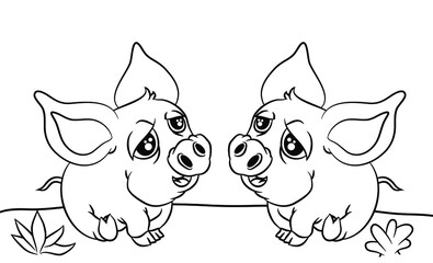 Two cute piglets sitting and smiling, coloring books for kids