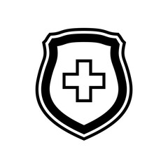 Obraz premium Medical health protection shield cross. Protected medicine guard shield icon concept. Safety mark badge