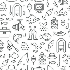 Seamless pattern with fishing. Black and white thin line icons