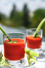Two glasses of tomato juice with parsley and celery decorations, stand near the window, morning sunlight shines, shallow depth of field, selective focus. Natural drinks concept.