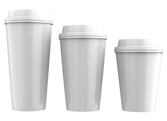 Set of realistic blank mock up paper cups with plastic lid. Coffee to go, take out mug. 3d illustration