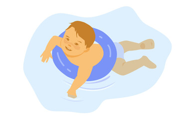 The kid swims with a blue rubber ring. Vector illustration.
