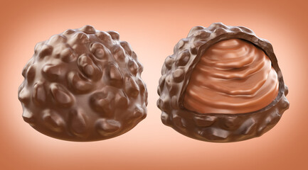 Luxury chocolate candies or praline with filling cream. Isolated on white background. Clipping path. 3D illustration