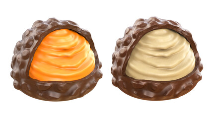 Luxury chocolate candies or praline with filling cream. Isolated on white background. Clipping path. 3D illustration