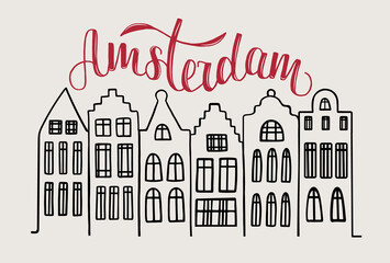 Vector illustration of word Amsterdam in red color with traditional flemish houses for souvenir products, icon or emblem, screensaver for site, article and advertising. Hand drawn lettering. 