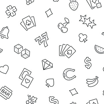 Seamless pattern with casino and gambling. Black and white thin line icons