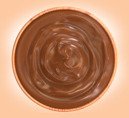 Chocolate cream in round dish on light isolated background.3d illustration