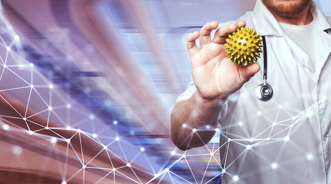 Medicine Healcare Insurance Idea. Research And Find Vaccine Against Coronavirus Concept. Doctor Holding Molecule COVID-19 Backdrop Of Modern Virtual Interface And Neural Networks
