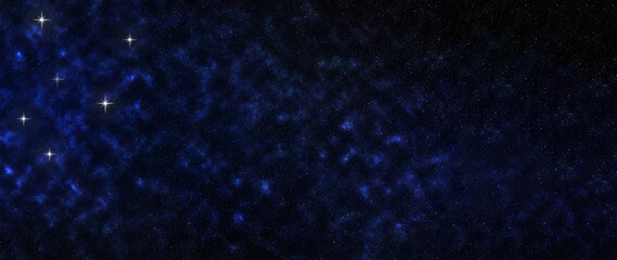 Abstract dark cosmic sky banner with distant little stars and light from milky way. Some big stars shining on sky.