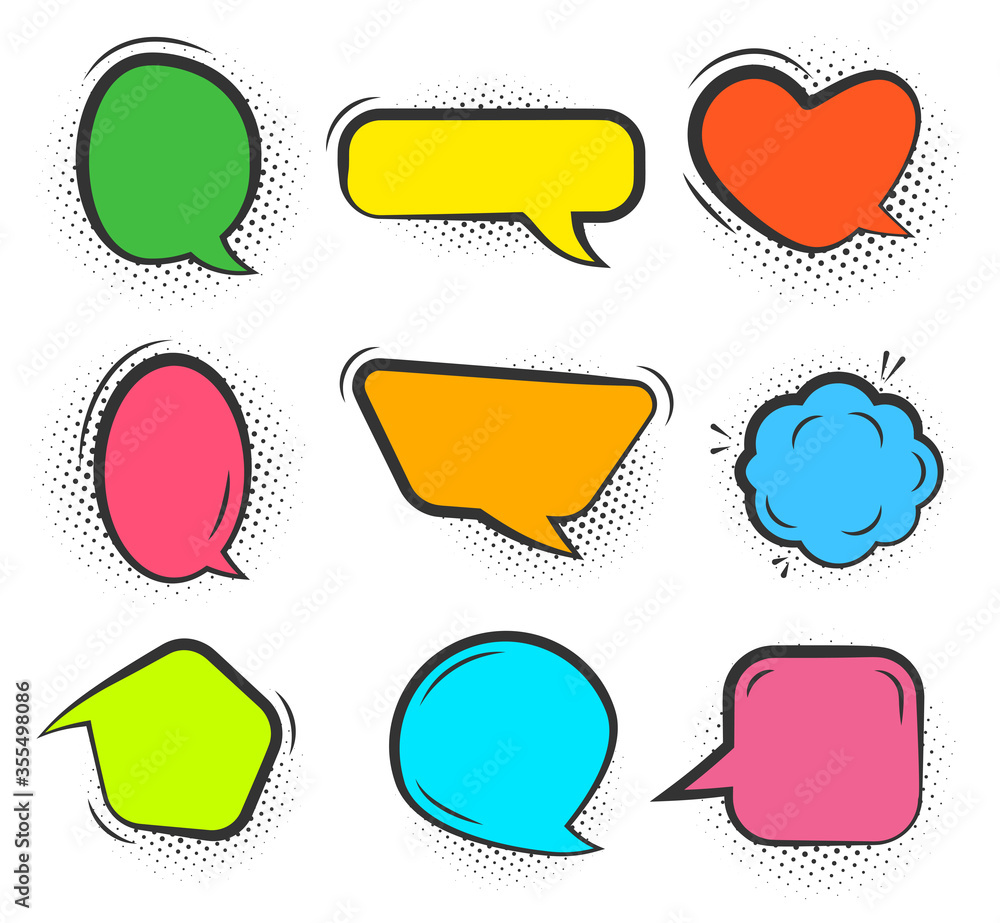 Aufkleber comic speech bubble set. cartoon empty text clouds with halftone dot shadow. different shapes blank 