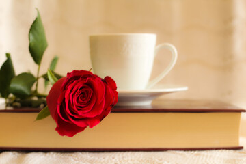 Social Media Concept: close up on the book, coffee cup and the rose, free copy space