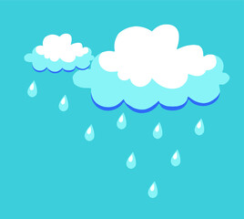Cloud, sky, water drops and rain, blue background, clouds vector icons. Sky blue atmospheric bubbles. Comic nature cloudscape weather symbols