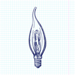 Hand-drawn sketch of a candle angular ligh bulb. Incandescent light bulb, incandescent lamp or incandescent light globe.	
