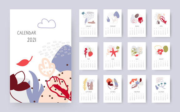 Abstract floral calendar 2021 year. Creative modern art template set with doodle organic elements. Simple decorative different shapes objects with spots, dots, lines. Isolated vector illustration