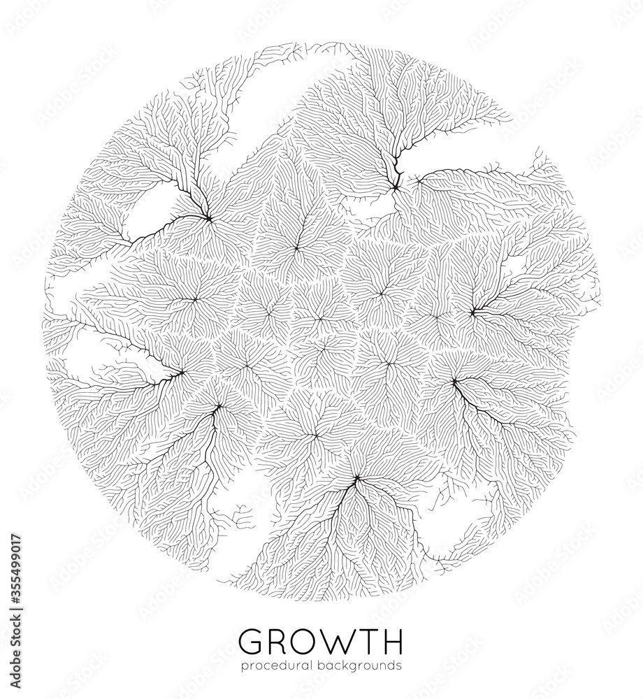 Poster vector generative branch growth pattern. round texture. lichen like organic structure with veins. mo