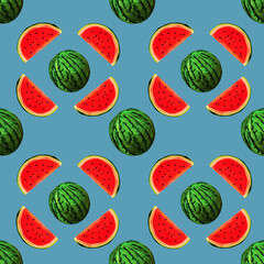 Seamless watermelons pattern. background with gouache watermelon slices on blue background. Fresh fruits seasonal background flat style