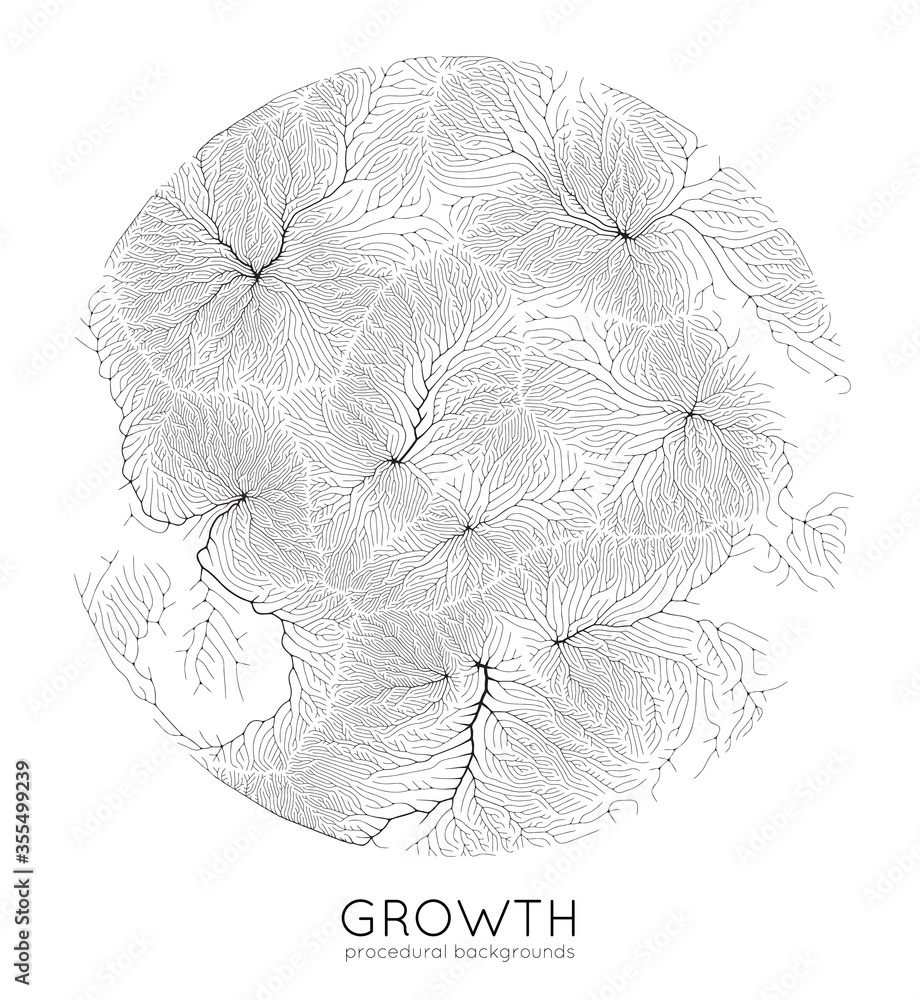 Poster vector generative branch growth pattern. round texture. lichen like organic structure with veins. mo