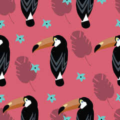 Obraz premium Tropic bird toucan and multicolor parrot on the background exotic lotus flower and palm leaf on pink background. Print summer floral plant. Nature animals wallpaper. Seamless vector pattern