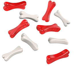 Colorful jelly bones on white background. Red and white gummy candies in shape of bones