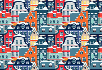 Winter houses with snow on roof seamless pattern. Layered building street background, flat cartoon christmas time sign. Repeat ornament for paper wrap fabric print, wallpaper decor Vector illustration