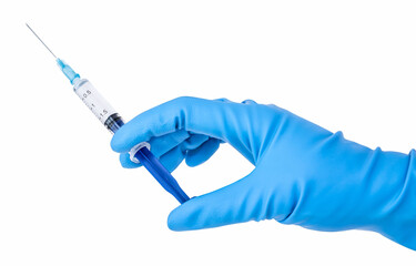 Isolated hand in a blue glove with syringe. Vaccination. Hand of a doctor or nurse. Treatment of people and animals. Medicine and veterinary medicine