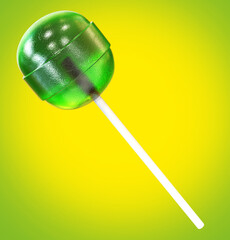 Lollipop on a stick on a green background. candy of green color on isolated background. 3d illustration