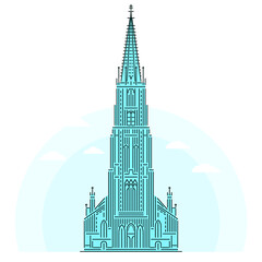 Ulm Minster - famous landmark of Ulm, Germany. Monument of German Gothic architecture. Linear style outline vector illustration on white background