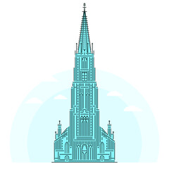 Ulm Minster - famous landmark of Ulm, Germany. Monument of German Gothic architecture. Linear style outline vector illustration on white background