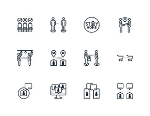 Social distancing, physical distancing outline icon. Editable stroke. Keep distance in public society people to protect from coronavirus, covid-19 spreading concept.