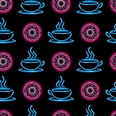 Seamless pattern with neon cup of coffe and donuts on black background. Cafe, bakery, breakfast, girly concept. Vector 10 EPS illustration.