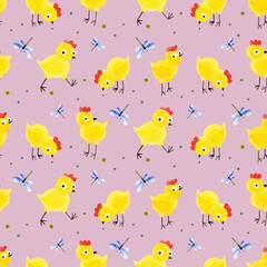 Seamless pattern of chickens and dragonflies. Hand-drawn watercolor texture with birds on a dark pink background. Perfect for textiles, prints, packaging, wallpaper, scrapbooking, children's design.