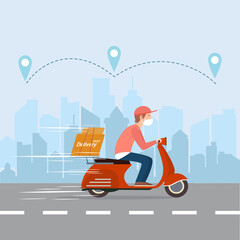 Vector and illustration of boy ride scooter or motorcycle with delivery box in flat cartoon style. Online delivery service and e-commerce concept