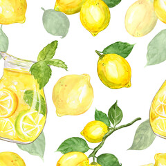 Watercolor lemons and lemonade seamless pattern on white background. Illustration of lemonade in a jug. Glass jar with summer refreshing drink and lemon tree branch. Tropical yellow fruits print. 