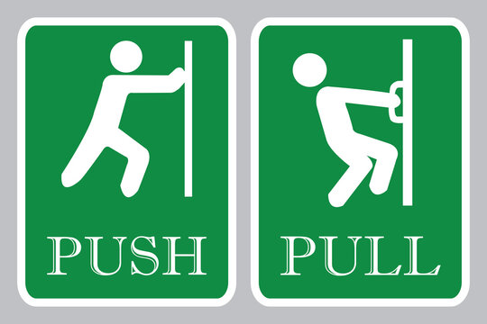 Pull push door sign. Open door board in green background drawing by illustration