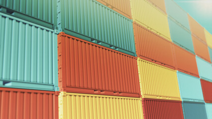 Fototapeta premium close-up view of a stacks of coloured shipping container (3d render)