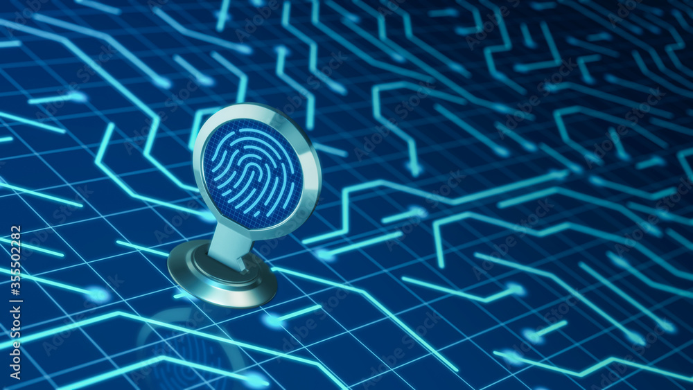 Poster key with a fingerprint and an eletronic circuit, concept of computer security (3d render)
