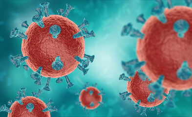 Illustration of virus cells or bacteria molecule under microscope. Abstract 3d illustration corona virus cells.Pathogen respiratory influenza. Flying Covid virus cells