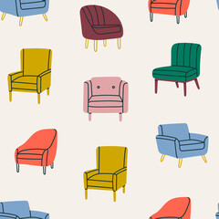 Set of Various modern colorful comfortable Armchairs. Cushioned furniture for rest and relaxation. Hand drawn Vector Seamless Pattern. Background, Wallpaper. Perfect for textile prints