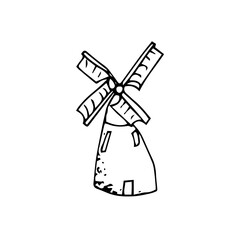 Image of one windmill with lines. Vector illustration of a mill on a white background