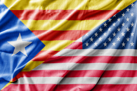 Mixed USA and Catalonia flag, three dimensional render