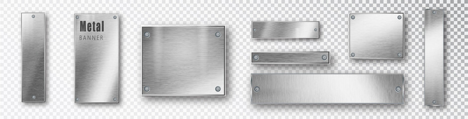 Metal banners set realistic. Vector Metal brushed plates with a place for inscriptions isolated on transparent background. Realistic 3D design. Stainless steel background. - obrazy, fototapety, plakaty