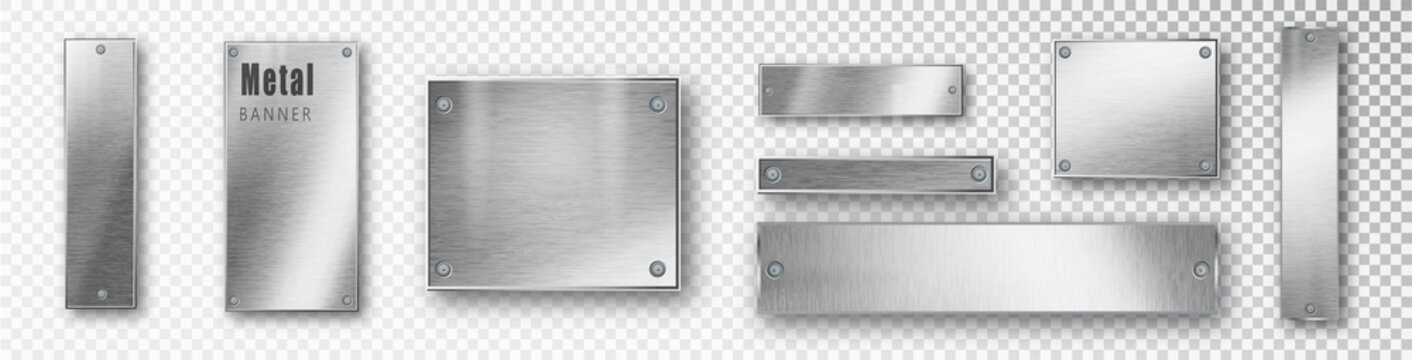 Metal banners set realistic. Vector Metal brushed plates with a place for inscriptions isolated on transparent background. Realistic 3D design. Stainless steel background.