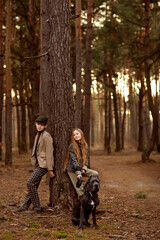 Girl and boy walk with a dog Cane corso in the forest and have a fun. Children stand near a tree and hold a dog on a leash.