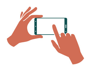 Hands holding a smartphone, finger touching the screen. Colored Illustration on a white background. Vector line icons, sign, pattern.