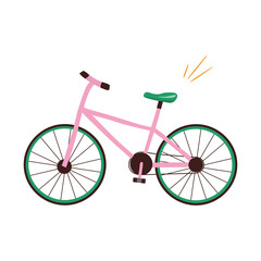 Fototapeta na wymiar Pink vector flat bike with a green saddle on a white background. Nice vector flat illustration in cartoon style.