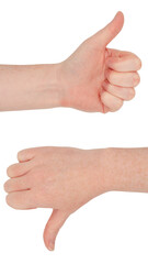 Freckled white hands.  Hands make the thumbs up and down  gesture, view from front and back.  Approval or disapproval judgement. Female hand isolated