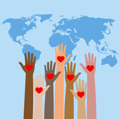 Social media concept represented by human hand and world map. emblem of volunteering ..